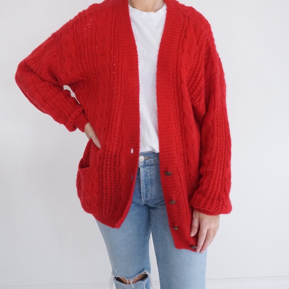 Red Cable Knit Button-Front Cardigan Sweater